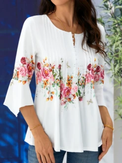 Women's Ethnic Casual V-neck A-Line Tops Long Sleeve Henry Collar Red Rose Print Tunic Daily Hot List -Shinee Style Shop 936ee31ed9d568b4762c4142d067e492