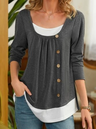 Women's Color Block Long Sleeve Square Neck Button Flowy Tunic Top 4 Women's Color Block Long Sleeve Square Neck Button Flowy Tunic Top - Image 2