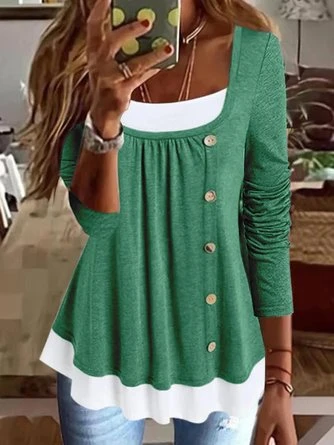 Women's Color Block Long Sleeve Square Neck Button Flowy Tunic Top 6 Women's Color Block Long Sleeve Square Neck Button Flowy Tunic Top - Image 4