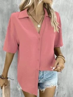 Casual Loose Shirt Collar Plain Blouse -Shinee Style Shop 998c5c1c78fe243331e21ed02f41af84