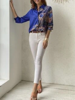 Casual Shirt Collar Feather Pattern Blouse -Shinee Style Shop 9acbdb4b7a9a44e95938c16e43b0d241