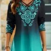 JFN V Neck Ombre Ethnic Loose Long Sleeve Top