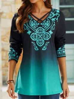 JFN V Neck Ombre Ethnic Loose Long Sleeve Top