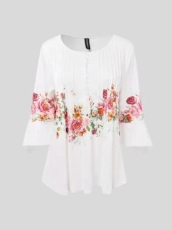 Women's Ethnic Casual V-neck A-Line Tops Long Sleeve Henry Collar Red Rose Print Tunic Daily Hot List -Shinee Style Shop a07f250fd16252a9935ee4b9f52ab60e