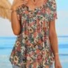 Holiday Gradient Flower Half Open Button Loose Pleated Top T-Blouse Plus Size Tunic -Shinee Style Shop a59da15064bfb2070926e31cb6935ddd