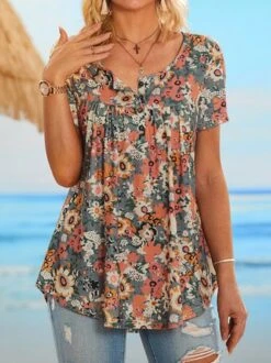 Holiday Gradient Flower Half Open Button Loose Pleated Top T-Blouse Plus Size Tunic