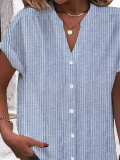 Women's Short Sleeve Shirt Summer Striped Cotton V Neck Daily Going Out Casual Top Blue -Shinee Style Shop a7428de5283cd9a20101b1a349a36b1a