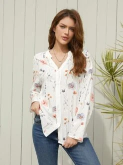 V Neck Casual Loose Buttoned Blouse -Shinee Style Shop a7c3fb268e77bca776c387fd950e8cdb