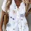 Buttoned Loose Casual V Neck Blouse