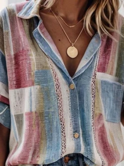 Women's Short Sleeve Blouse Summer Blue Color Block Shirt Collar Daily Going Out Casual Top -Shinee Style Shop aa906bf22db025d0258ddbfa76017278