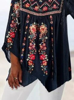 JFN Square Neck Tribal Ruched Three Quarter Vacation Top -Shinee Style Shop ad28ac017bc41ec8dfa302c45164f9f9