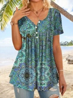 Tribal Feelings Folk Patterns Mandala Nail Button Half Cardigan T-shirt Plus Size Tunic