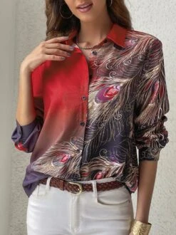 Casual Shirt Collar Feather Pattern Blouse -Shinee Style Shop b569119f5ad30689c98a2496da81af86