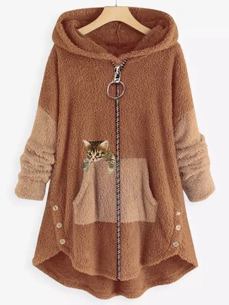 Women Color Block Furry Fleece Fabric Cat Zipper Hooded Coat 8 Women Color Block Furry Fleece Fabric Cat Zipper Hooded Coat - Image 6