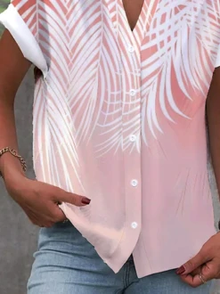 Buttoned Casual Palm Leaf Blouse -Shinee Style Shop ba07337d9ded2d8568abf7285dd3aa76