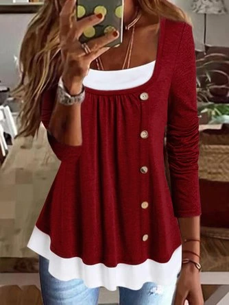 Women's Color Block Long Sleeve Square Neck Button Flowy Tunic Top 9 Women's Color Block Long Sleeve Square Neck Button Flowy Tunic Top - Image 7