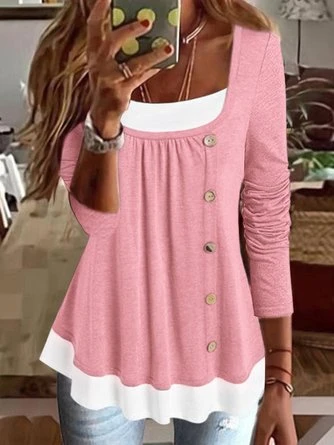 Women's Color Block Long Sleeve Square Neck Button Flowy Tunic Top 10 Women's Color Block Long Sleeve Square Neck Button Flowy Tunic Top - Image 8