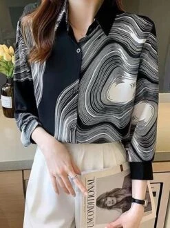 Casual Shirt Collar Loose Abstract Stripes Blouse -Shinee Style Shop c9d833ac9ceae7d098160d6f2c129f9d