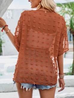 Women's Shawl Collar Eyelet Casual Loose Plain Buttoned Cardigan/Kimono -Shinee Style Shop cade1783c3097429ccd9c06a1b9e0f61