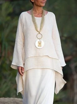 JFN Cotton-blend Round Neck Solid Hi-Lo Basic Tunic Top