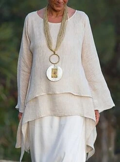 JFN Cotton-blend Round Neck Solid Hi-Lo Basic Tunic Top -Shinee Style Shop chloe beige g2 jpg 1548929308779