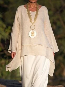 JFN Cotton-blend Round Neck Solid Hi-Lo Basic Tunic Top -Shinee Style Shop chloe beige g3 jpg 1548929308731