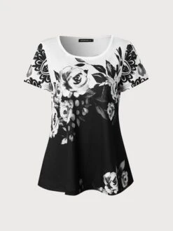 Women's Summer Tunics Crew Neck Floral Color Block Casual Tunic Top -Shinee Style Shop d650c67fd4980e3d614194e8e554bbec