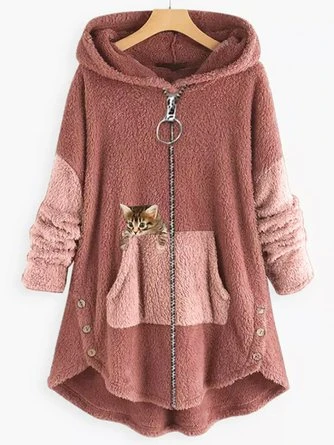 Women Color Block Furry Fleece Fabric Cat Zipper Hooded Coat 7 Women Color Block Furry Fleece Fabric Cat Zipper Hooded Coat - Image 5