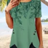 JFN Women Round Neck Short Sleeve Leaf Print Buttoned Holiday Tunic T-Shirt -Shinee Style Shop dbbc9f7c901fc88b92415859b8c534dd