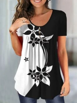 JFN Crew Neck Floral Casual Color Block Ruched Loosen Top
