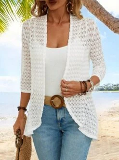 Women's 3/4 Sleeve Plain Jacquard Vacation Loose Cardigan / Kimono -Shinee Style Shop dfc9113b3d068766f84f88f2e439ed84