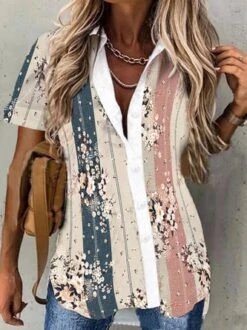Floral Regular Fit Casual Short Sleeve Blouse