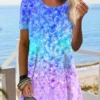 JFN Blended Color Shining Galaxy Ombre Printed Loose Vacation Tunic Top T-Shirt/Tee
