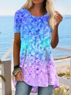 JFN Blended Color Shining Galaxy Ombre Printed Loose Vacation Tunic Top T-Shirt/Tee