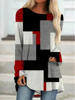 JFN Round Neck Geometric Casual Tunic Top