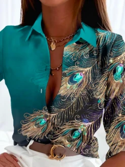 Casual Shirt Collar Feather Pattern Blouse -Shinee Style Shop f0723506dcc1fd9bf303e330918bc71f