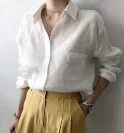 JFN Cotton & Linen Loose Plain Shirt Collar Casual Blouse -Shinee Style Shop f179bb457f584fb71f55cd50db946a87
