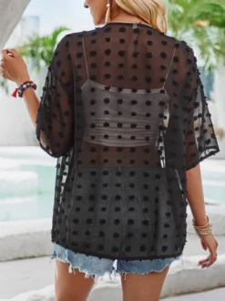 Women's Shawl Collar Eyelet Casual Loose Plain Buttoned Cardigan/Kimono -Shinee Style Shop fadd72d4dcf439c06ac14776702b22b6