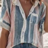 Women's Short Sleeve Shirt Summer Blue Striped V Neck Daily Going Out Casual Top -Shinee Style Shop fe355f6b0fd65bd1fcca4067a3cd0509