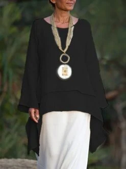 JFN Cotton-blend Round Neck Solid Hi-Lo Basic Tunic Top -Shinee Style Shop heiba1 jpg 1548929234629