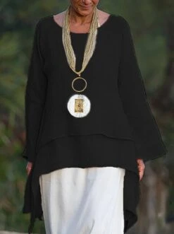 JFN Cotton-blend Round Neck Solid Hi-Lo Basic Tunic Top -Shinee Style Shop heiba2 jpg 1548929234698