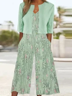 Women's Pocket Stitching Random Print Daily Going Out Two Piece Set Cap Sleeve Casual Summer Matching Set Green
