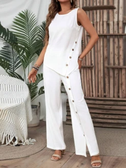 Women's Buckle Asymmetric Plain Daily Two-Piece Pants Set White Simple Summer Top With Pants -Shinee Style Shop 109c500037a66b2b034bcfe5e9a987bd