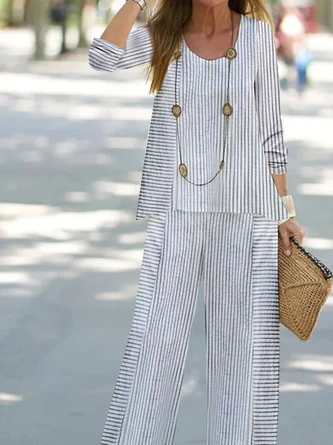 Striped Printed Loose Crew Neck Casual Two-Piece Set 4 Striped Printed Loose Crew Neck Casual Two-Piece Set - Image 2