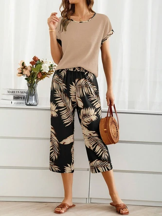 Women's Palm Leaf Daily Going Out Two Piece Set Short Sleeve Casual Summer Top With Pants Matching Set Black 9 Women's Palm Leaf Daily Going Out Two Piece Set Short Sleeve Casual Summer Top With Pants Matching Set Black - Image 7