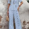 Women's Cotton And Linen Striped Daily Going Out Two Piece Set Short Sleeve Casual Summer Top With Pants Matching Set Blue