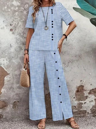 Women's Cotton And Linen Striped Daily Going Out Two Piece Set Short Sleeve Casual Summer Top With Pants Matching Set Blue 3 Women's Cotton And Linen Striped Daily Going Out Two Piece Set Short Sleeve Casual Summer Top With Pants Matching Set Blue
