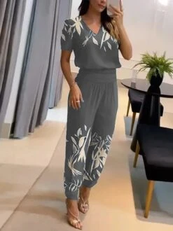 V Neck Floral Business Casual Two-Piece Set -Shinee Style Shop 250f0ea2bdada3103560c77f5cc1e899