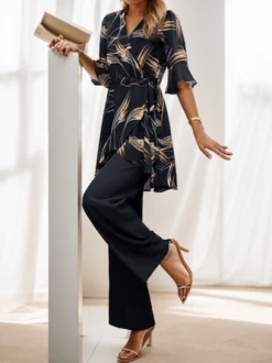 Women's Floral Printed Two Piece Sets Black Summer Bell Sleeves V Neck 2 Piece Sets