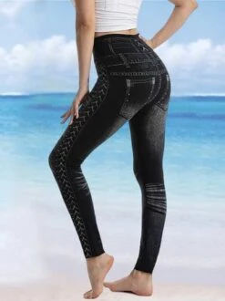 Women's Stretchy Faux Denim Jeans Leggings High Waist Tummy Control Pencil Pants -Shinee Style Shop 35c546e2fe074e94fcd30fea5b2857bd